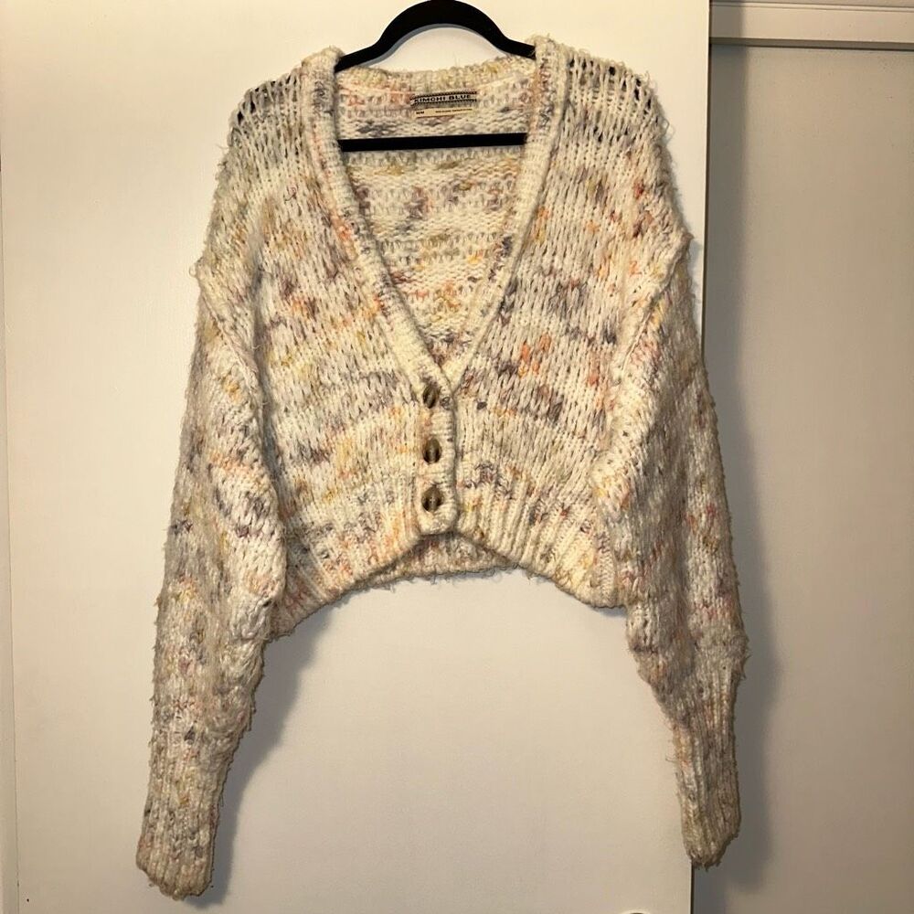 Kimchi Blue Medium Chunky Knit Cropped Cardigan Cream Colorful Speckles EUC